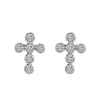 Cross Rhodium Plated 925 Sterling Silver Cubic Zirconia Stud Earrings for Women