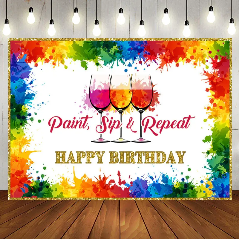 Aperturee Paint Sip Repeat Rainbow Happy Birthday Backdorp