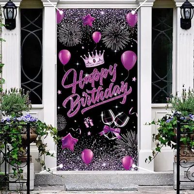 Purple Balloons Crown Black Birthday Door Cover - Aperturee