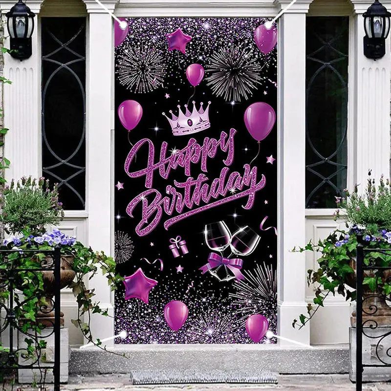 Purple Balloons Crown Black Birthday Door Cover - Aperturee