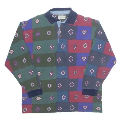 CLASSICO Mens Polo Shirt Blue 90s Crazy Pattern Long Sleeve XL
