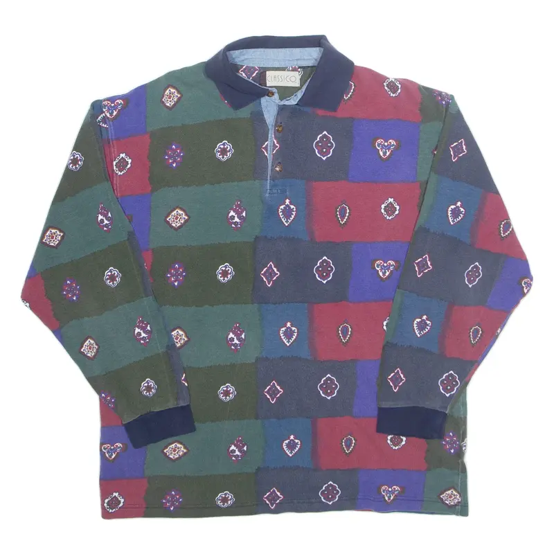 CLASSICO Mens Polo Shirt Blue 90s Crazy Pattern Long Sleeve XL
