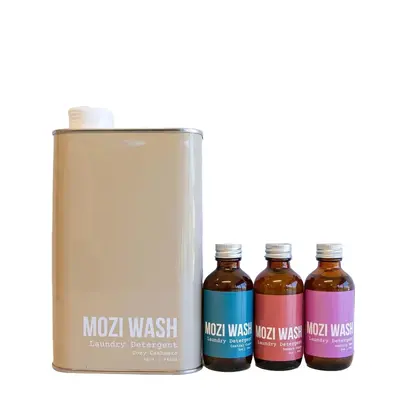Mozi Wash Cozy Cashmere Full Tin + Trio Sample Set - Includes Central Coast Vanilla Moon & Desert Poppy Sample Bottles for Te...