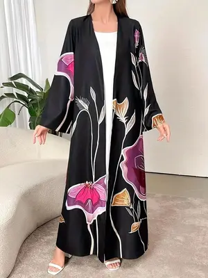Women's Floral Print Open Front Abaya, Modest Long Sleeve Muslim Abaya for Daily Wear, Women's Islamic Clothing for All Seas...