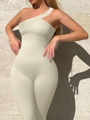 Women's Plain Asymmetrical One Shoulder Sports Jumpsuit, Sporty Sleeveless Skinny Jumpsuit, Ladies Summer Sportswear for Gym ...