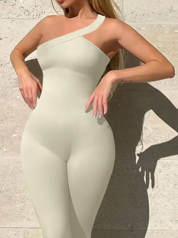 Women's Plain Asymmetrical One Shoulder Sports Jumpsuit, Sporty Sleeveless Skinny Jumpsuit, Ladies Summer Sportswear for Gym ...