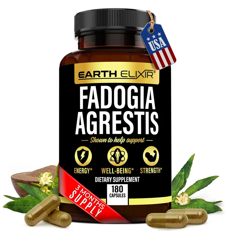 Earth Elixir  Fadogia Agrestis Dietary Supplement 180 Capsules for Energy, Well-Being, and Strength Natural Vitamin