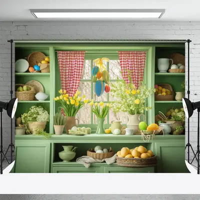 Fresh Green Shelf Window Floral Eggs Easter Backdrop - Aperturee
