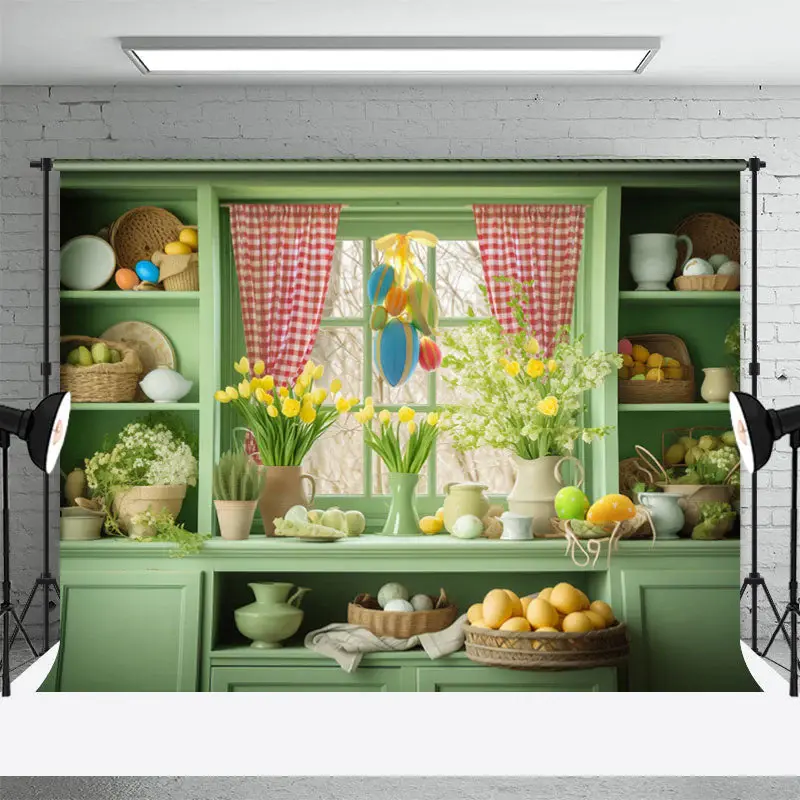 Fresh Green Shelf Window Floral Eggs Easter Backdrop - Aperturee