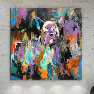 Original Colorful Abstract French Bulldog Painting in Rainbow Colors Modern Pet Fine Art Acrylic Handmade Artwork | WATCH OUT...