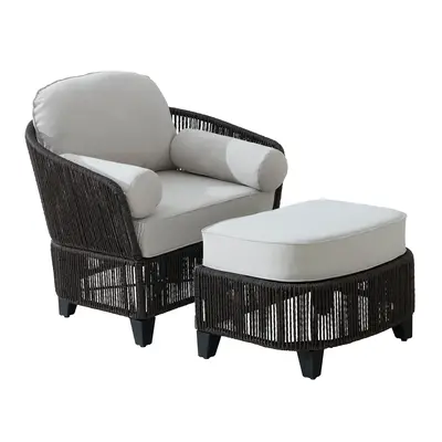 SUNJOY allen + roth Ashford Rattan Brown Steel Frame Stationary Conversation Chair with Cream Cushioned Seat