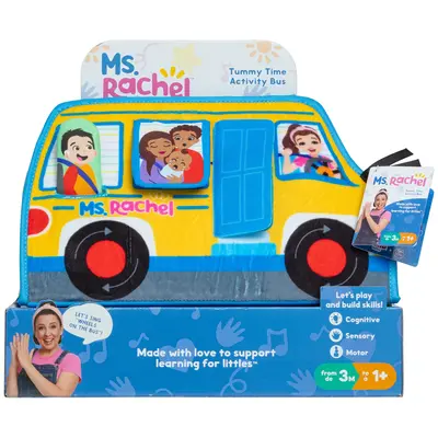 Ms. Rachel Tummy Time Activity Bus Folding Play Mat with Baby Mirror & Sensory Toys for Interactive Play Baby Learning Toys f...