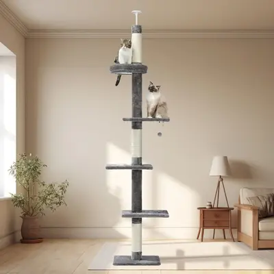 Cat Tower 5-Tier Floor to Ceiling Cat Tree Height(87-107 Inches) Adjustable, Tall Climbing Tree Featuring with Scratching Pos...