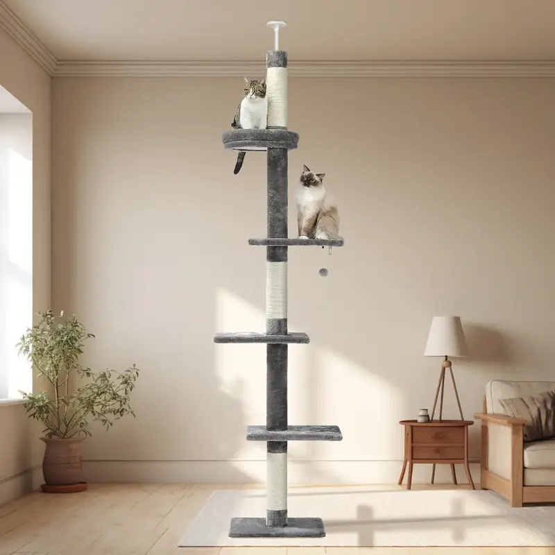 Cat Tower 5-Tier Floor to Ceiling Cat Tree Height(87-107 Inches) Adjustable, Tall Climbing Tree Featuring with Scratching Pos...