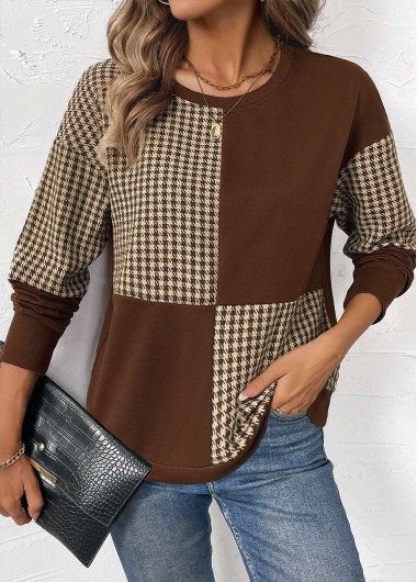 Modlily Dark Coffee Patchwork Plaid Long Sleeve Round Neck Sweatshirt - XXL