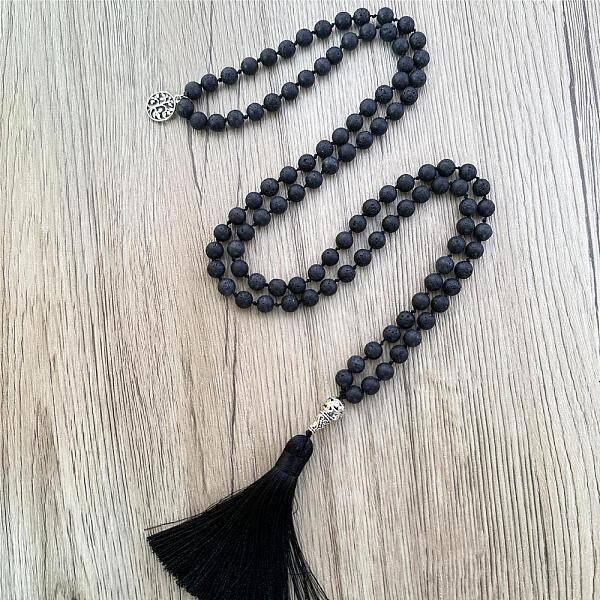 Natural Lava Rock Mala Prayer Round Beaded Wrap Necklaces with Long Tassel and Metal Tree of Life