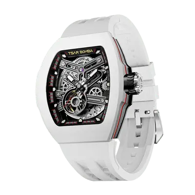 TSAR BOMBA Men's Automatic Skeleton Watch | Interchangeable Luxury Design | White with Black Dial | Atomic TB8218 | Fluororub...