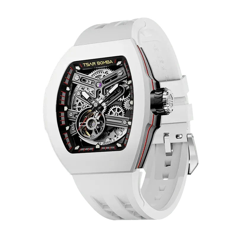 TSAR BOMBA Men's Automatic Skeleton Watch | Interchangeable Luxury Design | White with Black Dial | Atomic TB8218 | Fluororub...