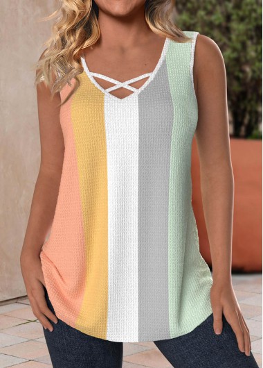 Modlily Multi Color Criss Cross V Neck Tank Top - XXL