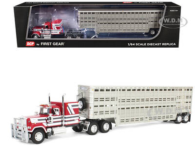 Mack Super-Liner with 60 Flat Top Sleeper and 45 Wilson Vintage Livestock Trailer Red with White and Gray Stripes 1/64 Diecas...
