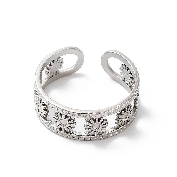 Non-Tarnish 304 Stainless Steel Flower Open Cuff Ring Finding