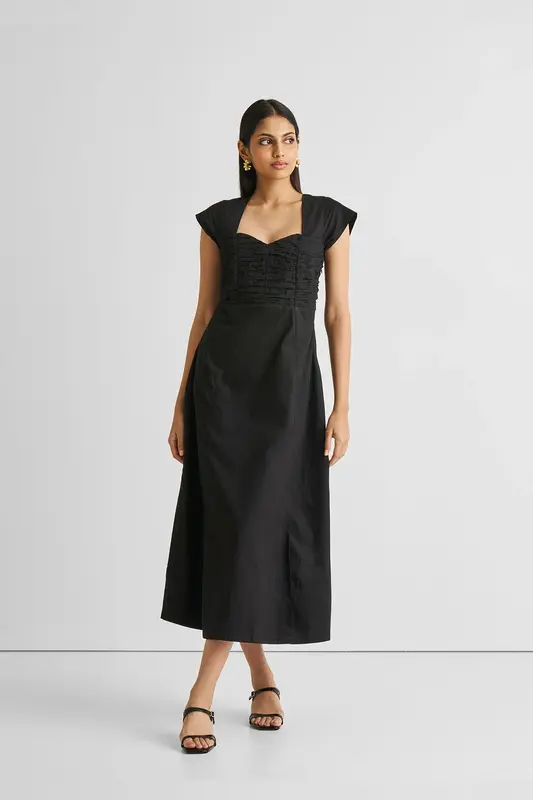 Ruched Dress with Front Slit in Black | Color: Black | Size: XL