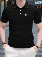 Men's Regular Fit Rabbit Print   Polo Shirt, Casual Short Sleeve Half Button Top for Summer, Fashion Men's Clothes for Daily ...