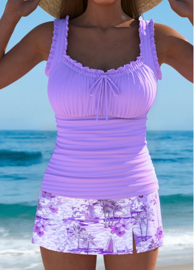 Modlily Mid Waisted Tropical Plants Print Light Purple Tankini Set - XL