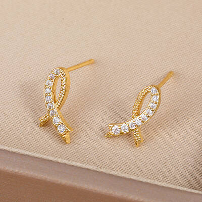 Exquisite Brass Clear Cubic Zirconia Ribbon Stud Earrings