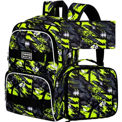 3Pcs Boys Backpack, 17 Inches School Bookbag with Lunch Box, Graffiti Laptop Backpacks Set for Teens College Students(Green)
