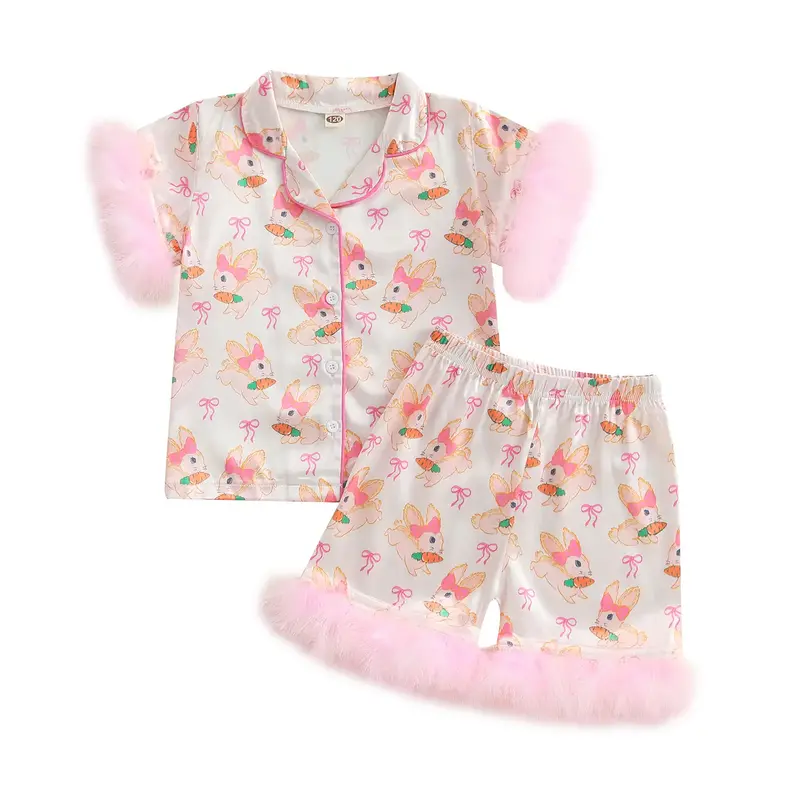 Kid Girl Easter Pajamas Set Bunny Print Lapel Feather Short Sleeve Button Down Tops with Shorts Satin Sleepwear