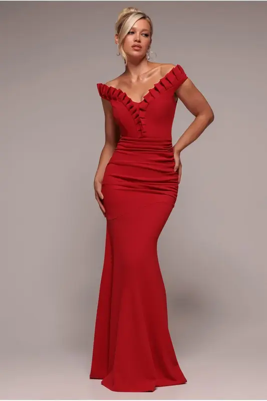 Goddiva Off The Shoulder Frill Gathered Maxi Dress - Red