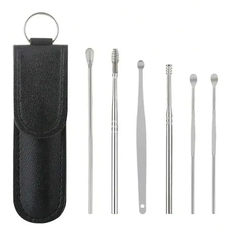 With Stainless Steel Spiral Ear Massage Cleaning Tool,6 Counts Set Stainless Steel Earwax Removal Tool kit,Mini Portable Ear ...