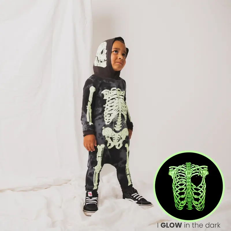 Glow in the Dark Rag Romper - 'Full body Skelly' - Black - Kids Skeleton Romper