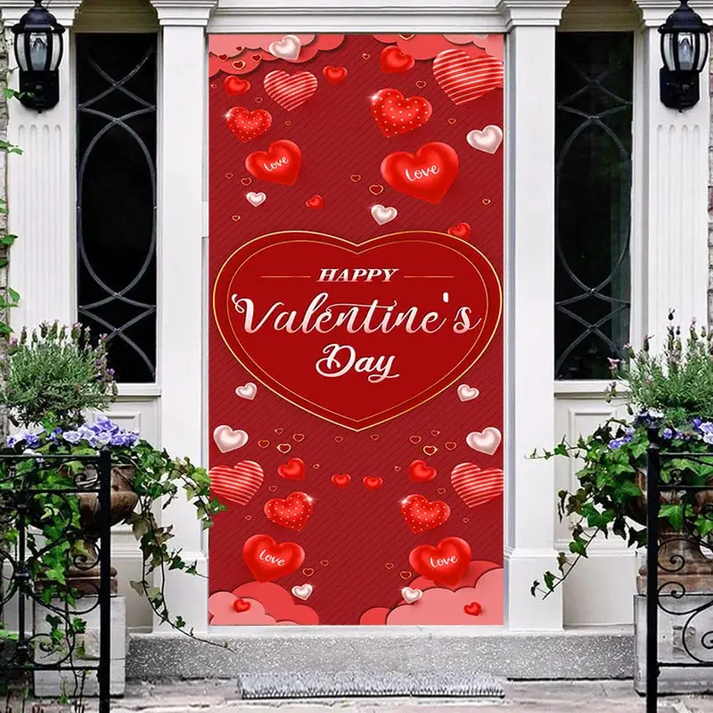 Dark Red Hearts Stripes Valentines Day Door Cover - Aperturee