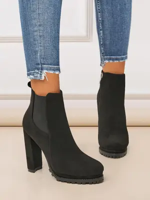 Women's Fashionable Solid Color Ankle Boots, Fashionable Round Toe Design, High Heel Boots For Fall & Winter, Chelsea Platfor...