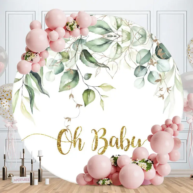 Aperturee Glitter Oh Baby And Leaves Round Baby Shower Backdrop