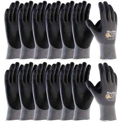 12 Pairs | Maxi_flex ATG 34-874 Ultimate - Nylon, Micro-Foam Nitrile Grip Gloves - Black/Gray Cleaning