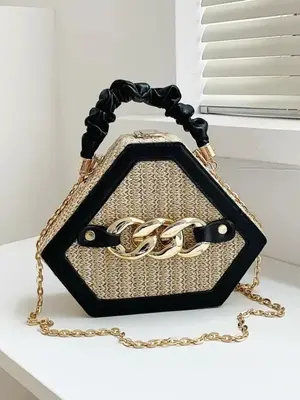 Fashion Chain Decorated Handbag, Top Handle Design Straw Box Crossbody Bag for Women, Casual Trendy Versatile High-quality Da...