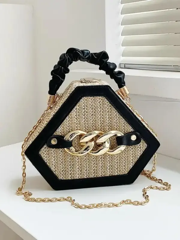 Fashion Chain Decorated Handbag, Top Handle Design Straw Box Crossbody Bag for Women, Casual Trendy Versatile High-quality Da...