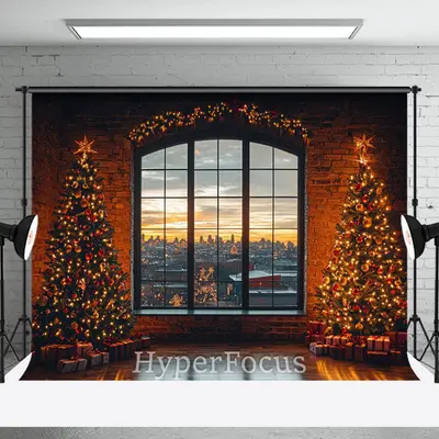 Retro Brick Wall Window Xmas Tree Christmas Backdrop - Aperturee