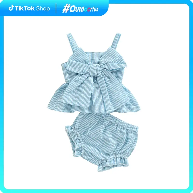 Baby Shorts Set Striped Print Big Bow Embellished Sleeveless Sling Tops + High Waist Stretch Shorts Clothing Romper Cute Outd...