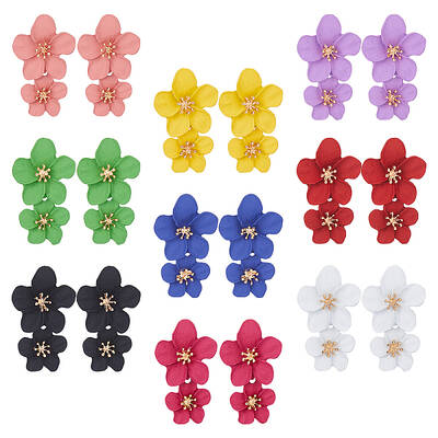 9 Pairs 9 Colors Alloy Flower Dangle Stud Earrings for Woman
