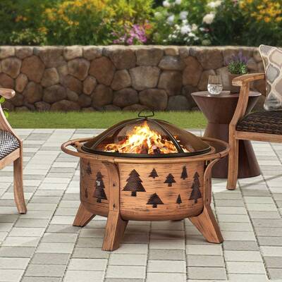 SUNJOY 30 Inch Copper Steel Holiday Fire Pit with Spark Screen & Poker - Tree Motif