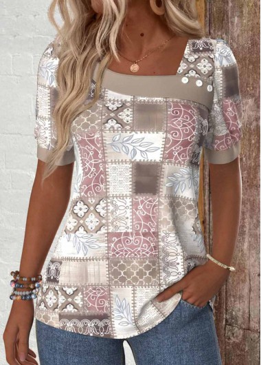 Modlily Light Pink Patchwork Geometric Print Short Sleeve T Shirt - XXL