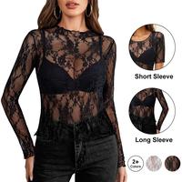 Women's 90s Grunge Mesh Short Top – Short Sleeve Mock Neck Sheer Blouse, Cropped Fit (Hits at Waist), Plus Size S-5XL, Perf...