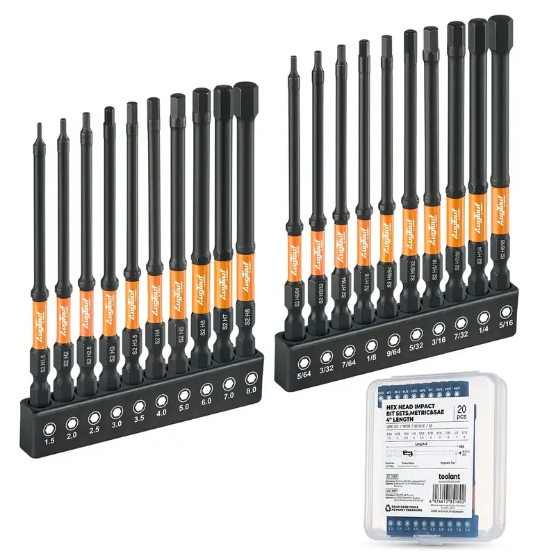 toolant Impact Hex Head Allen Wrench Drill Bit Set 10pcs, Metric & SAE, Hex-Shank S2 Steel Hex Bits Set, CNC Machined Tips wi...