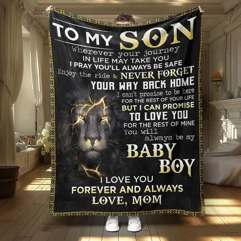 Lion Pattern Soft Blanket, 1 Count Letter for Son Print Throw Blanket, Air-conditioned Room Blanket, Warm Nap Blanket for Hom...