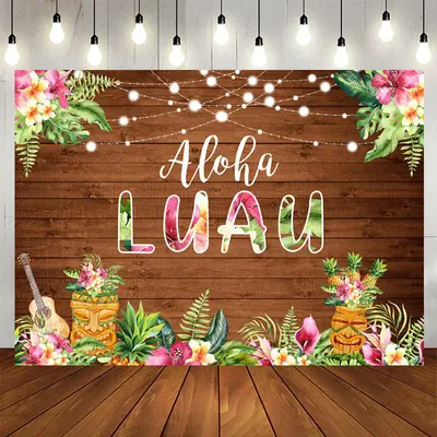 Aperturee Pink Floral Aloha Luau Brown Wood Birthday Backdrop