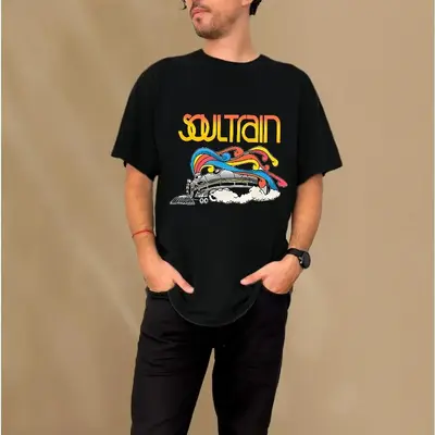 [Vibrant Soul Train Tee] Vibrant Plus Size men's Fashion T-Shirt - Soul Train Graphic, Stretchy Polyester Blend, Round Ne...